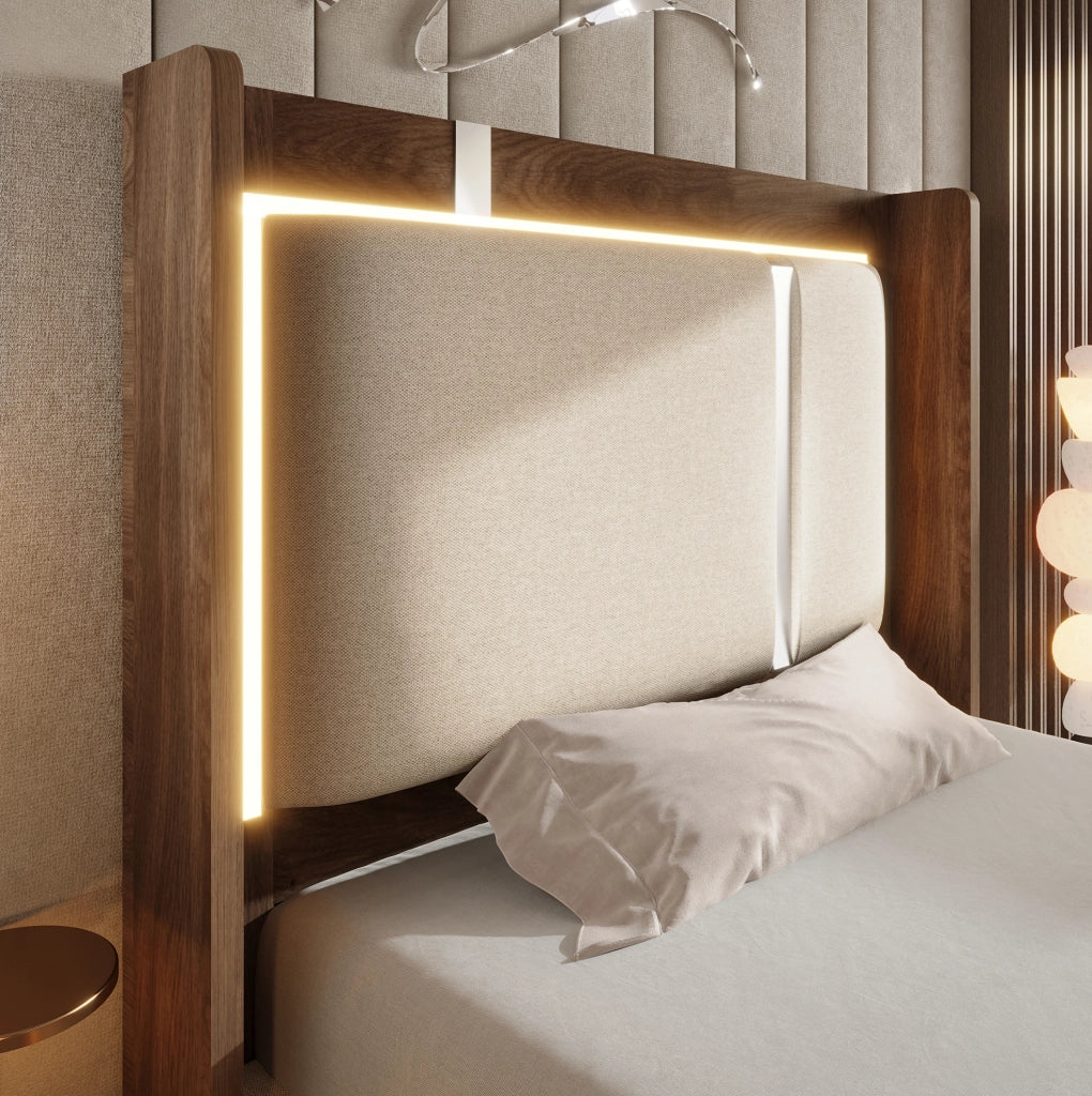 Letto singolo contenitore 90x200 cm con LED e rete a doghe in lino beige e noce HOMVRA