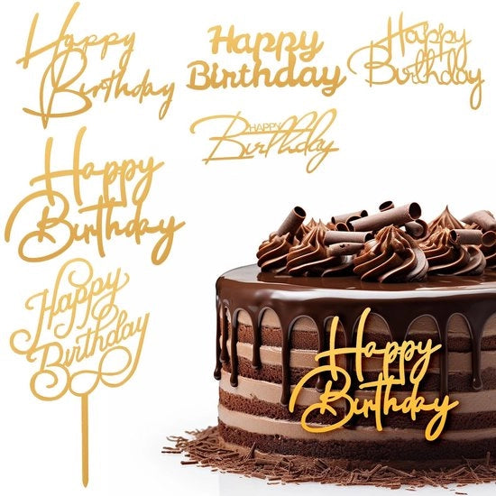 Decorazione per torta Happy Birthday in oro - 6 pezzi - Acrilico - Duraturo e riutilizzabile