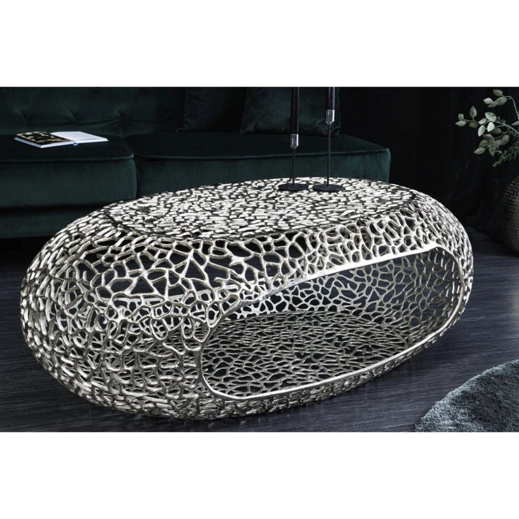 Tavolino basso METRIX ovale 119 cm argento con nicchia integrata - Tavolino design in alluminio