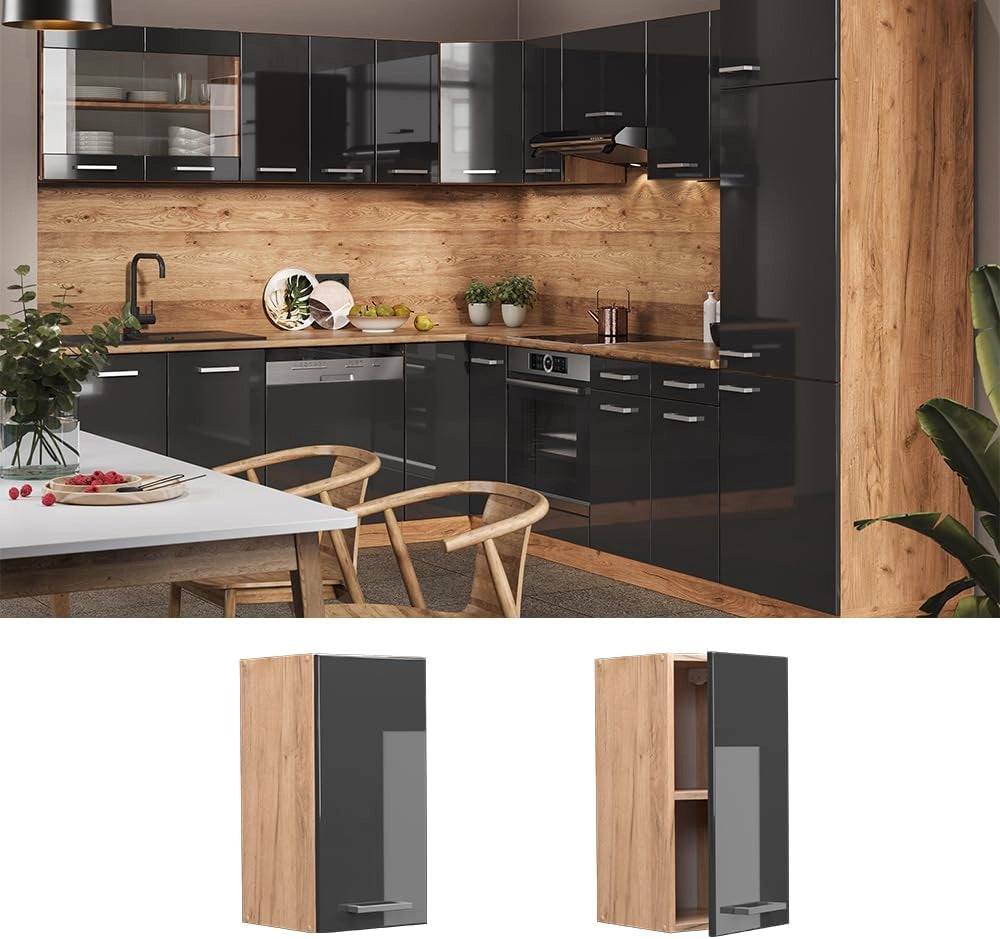 Pensile da cucina R-Line, Antracite lucido, 30 cm, per la libera combinazione all'interno di sistemi cucina modulari
