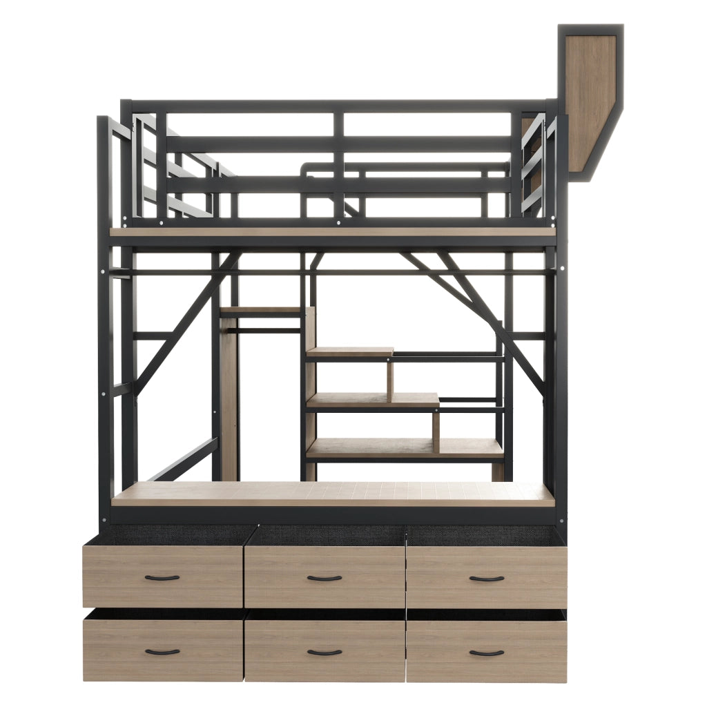Letto a soppalco 140 × 200 cm con ripiani, asta appendiabiti, cassetti in tessuto et LED, senza materasso, nero