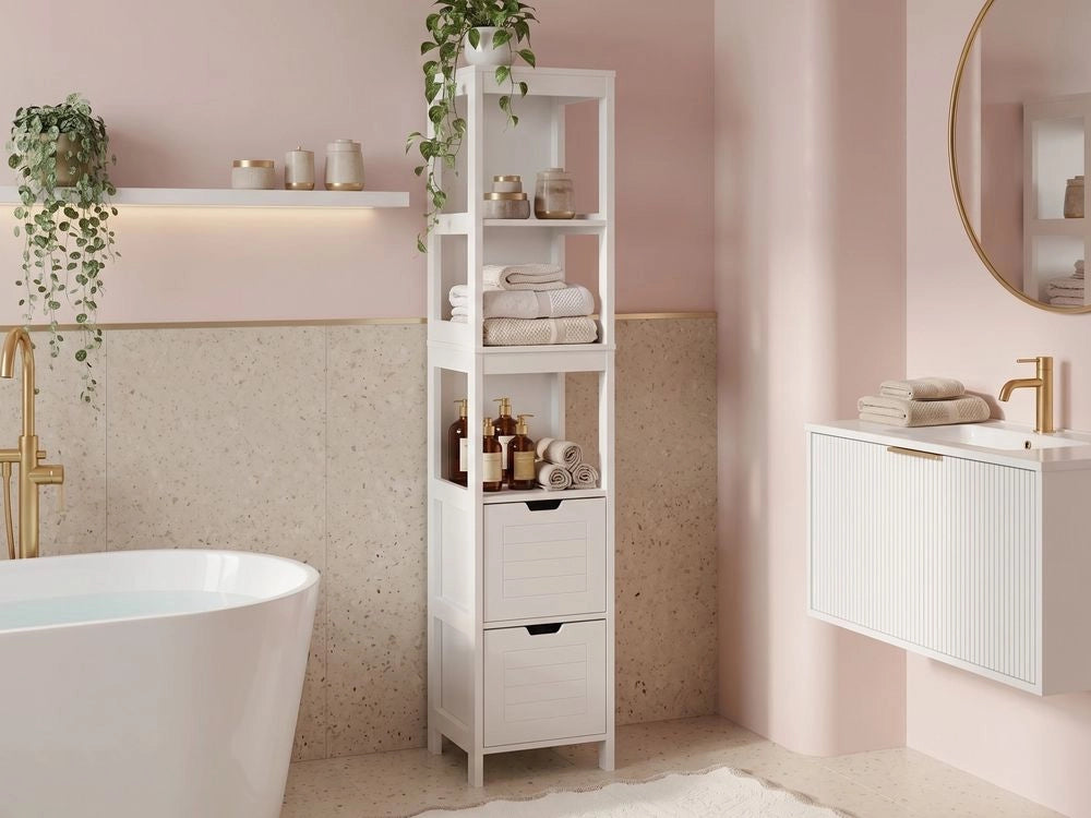 Colonna da Bagno a Terra in MDF 145 x 30 x 30 cm con 3 Ripiani e 2 Cassetti - Design Moderno