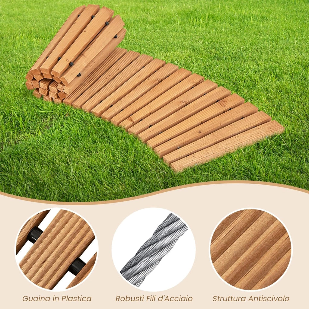 Sentiero da Giardino in Legno, Passerella Curvo da Esterno con Superficie Antiscivolo e Fili Metallici, Design Arrotolabile, per Patio Cortile e Spiaggia, Naturale (216 x 53 cm)