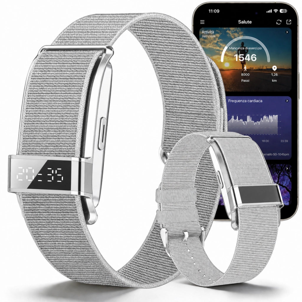 Smartwatch Orologio connesso con display nascosto; monitoraggio 24 ore su 24 della salute: battito cardiaco; HRV; SpO2 e sonno; 2 braccialetti; app gratuita per iOS e Android - Argento