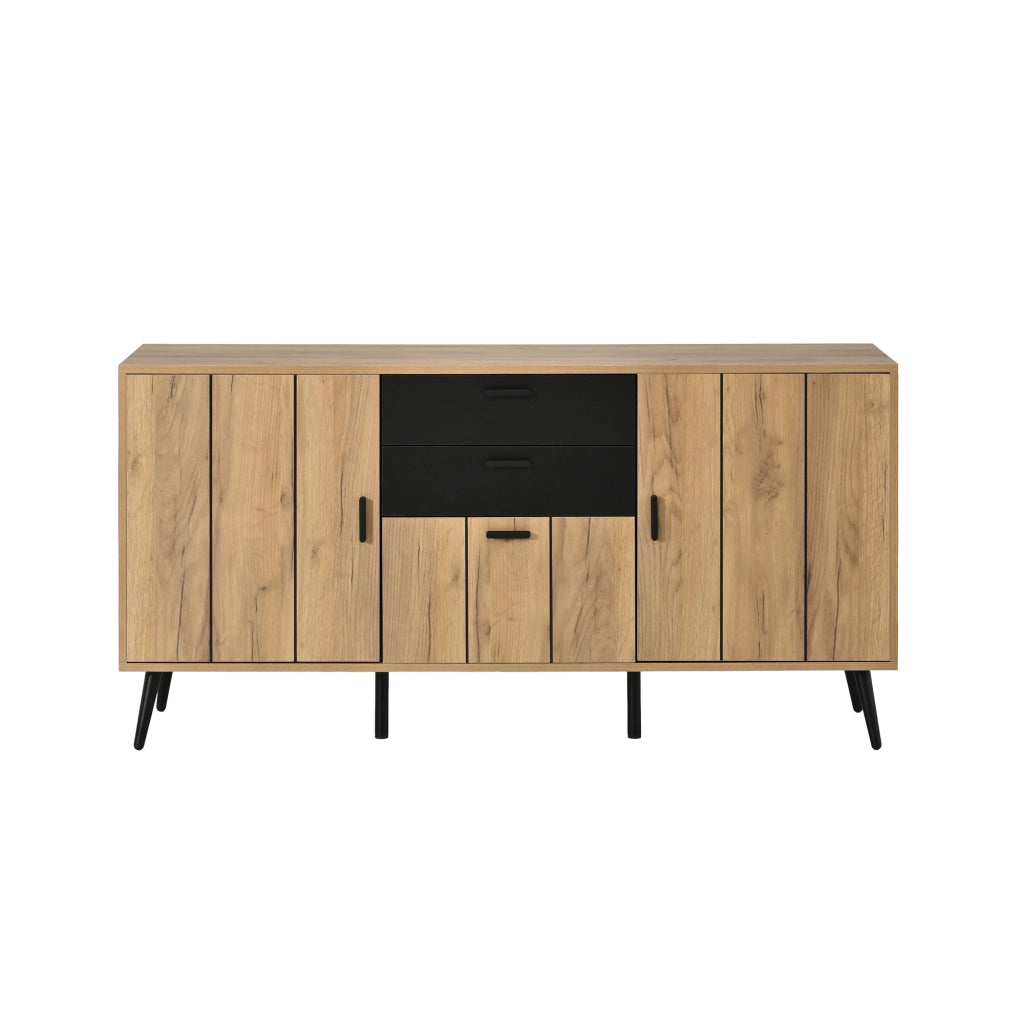 Credenza, mobile per la camera da letto, 2 cassetti, 3 ante, 140 x 35 x 67 cm, nero e naturale