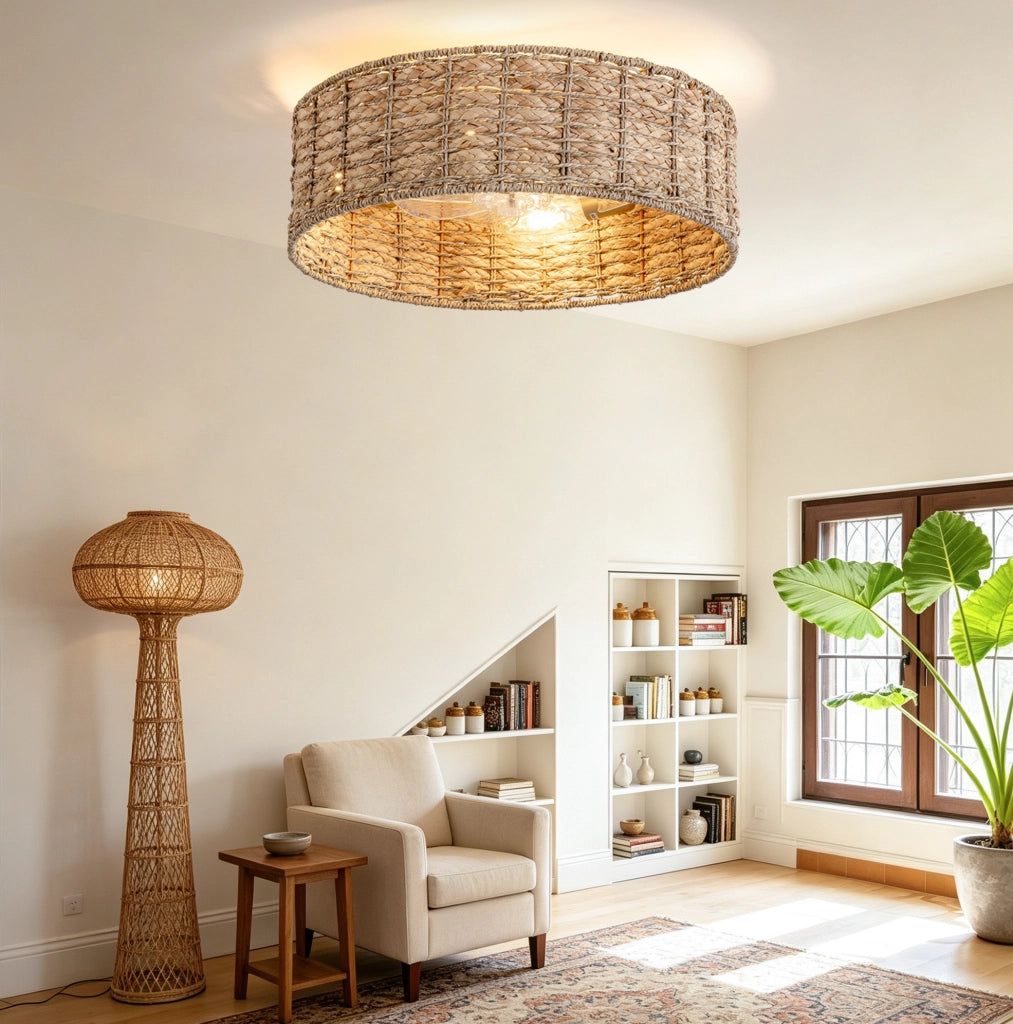 Lampada a soffitto con ventilatore in rattan, 4 attacchi E26, controllo App e telecomando, rame