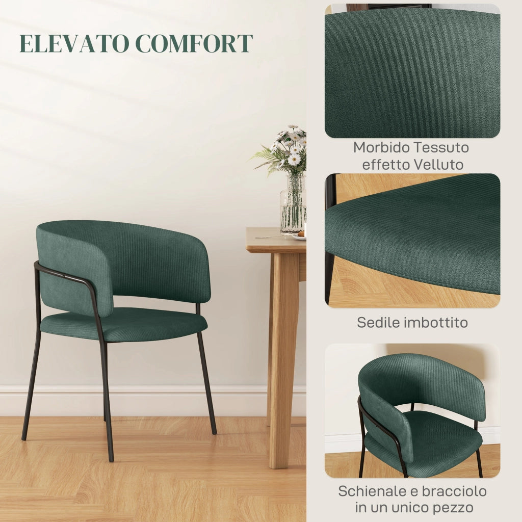 Set 2 Sedie per Cucina Imbottite, in Tessuto Effetto Velluto e Acciaio, 57x53x73 cm, Verde