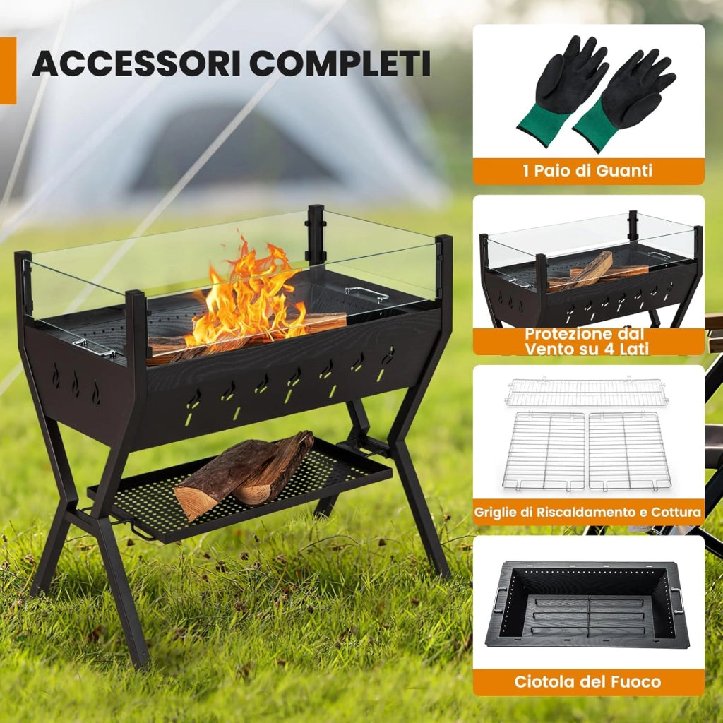 Barbecue a Carbonella, Griglia a Carbone Portatile con Protezione Antivento, Ripiani per Condimenti, Mensola Portaoggetti, per Cucinare, Campeggio e picnic