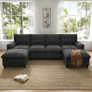 Divano panoramico a U modulare con seduta profonda e 2 pouf mobili con schienale alto e contenitore in chenille nero