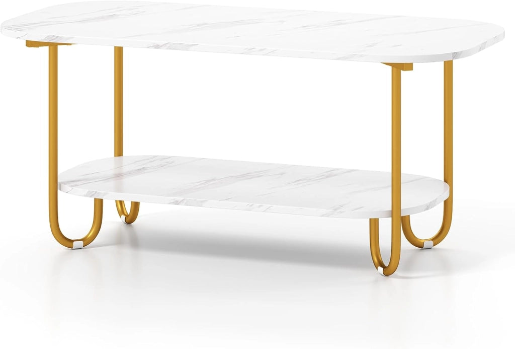 Tavolino da salotto dorato a 2 livelli, tavolino da caffè in marmo finto con angoli arrotondati, gambe antiscivolo, design rettangolare, per soggiorno, ufficio, appartamento, 100 x 50 x 45 cm