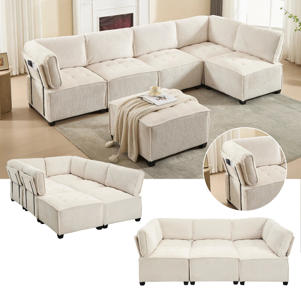 Divano Modulare 6 Posti con Tasche Laterali e Schienale Ergonomico; Convertibile a U o L; Struttura Legno Metallo in Velluto a Coste Beige