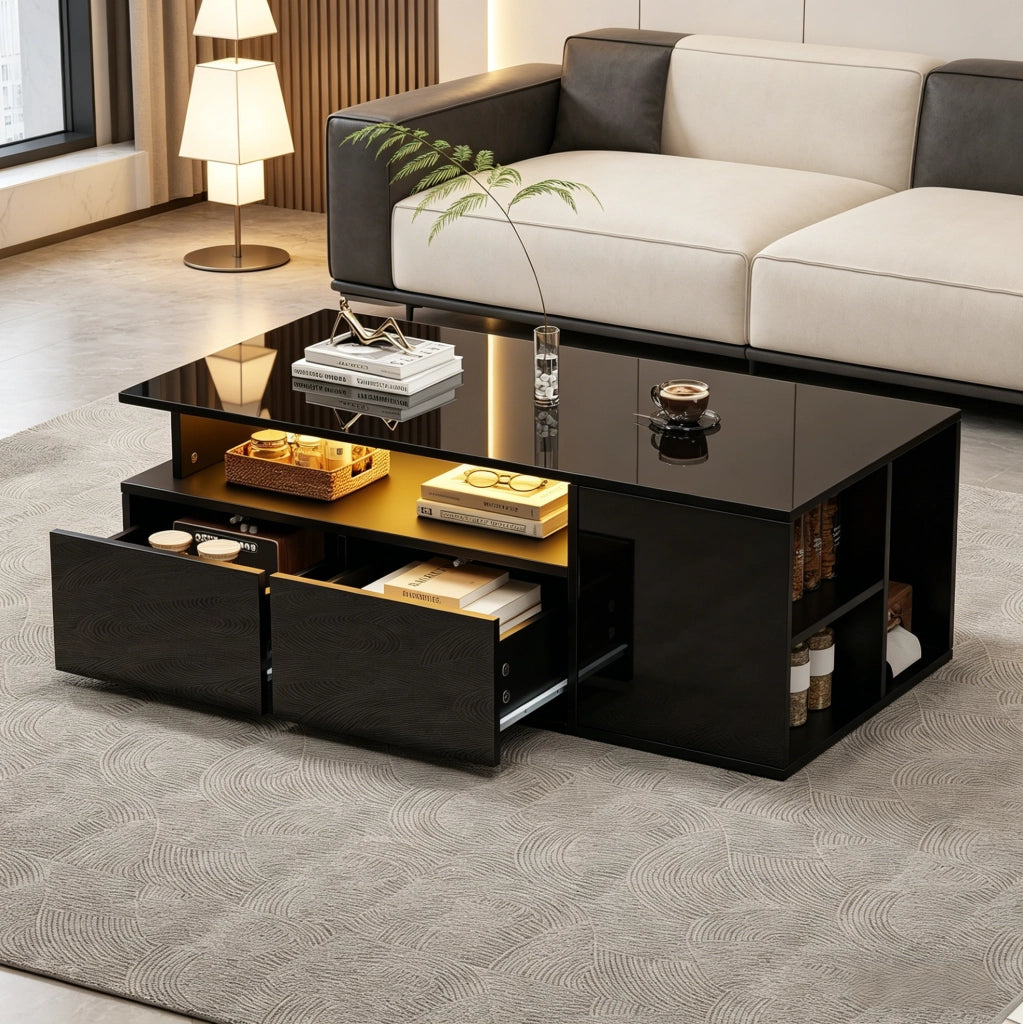 Tavolino da caffè LED nero con 2 cassetti, 100x50x35 cm
