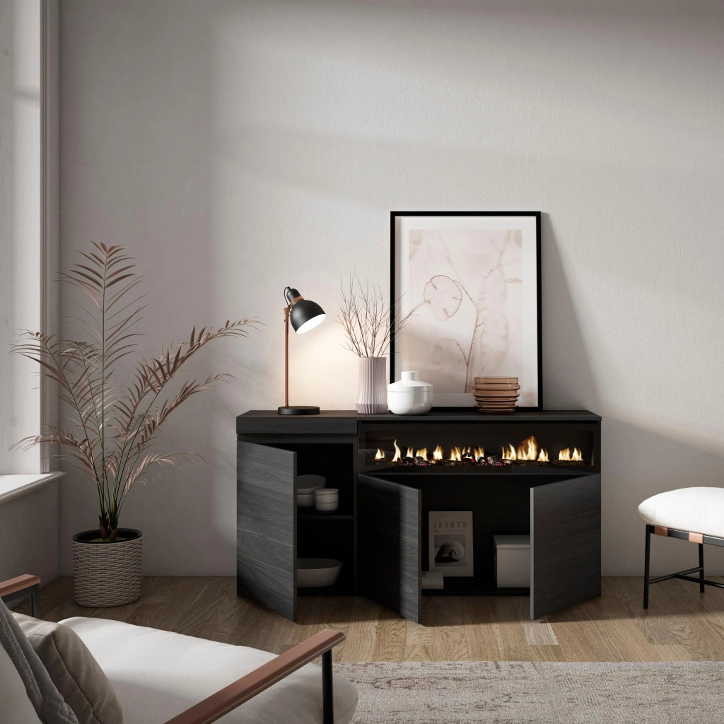 Credenza, Mobile, 150x35x75cm, 3 Porte, Camino elettrico, Nero RF2514