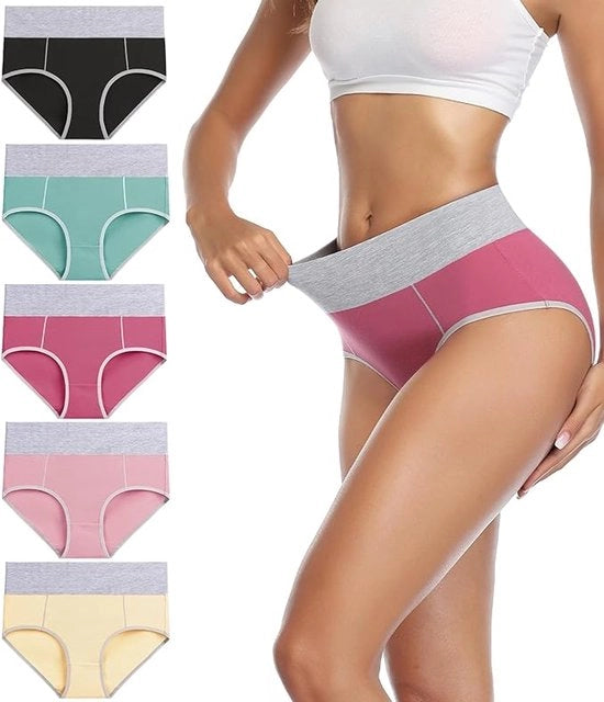 5 pacchi di slip comodi per donne, alta cintura, slip di cotone robusto per il sollevamento delle anche e l'abbassamento della vita.,(Giallo + Nero + Verde lime + Rosso scuro + Arancione)-M