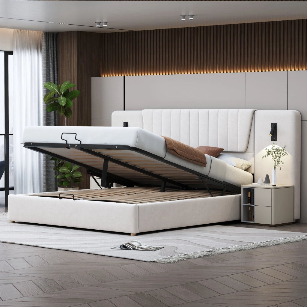 Letto Contenitore 180x200 cm; Matrimoniale; con Lampade Orientabili; USB; Velluto Beige