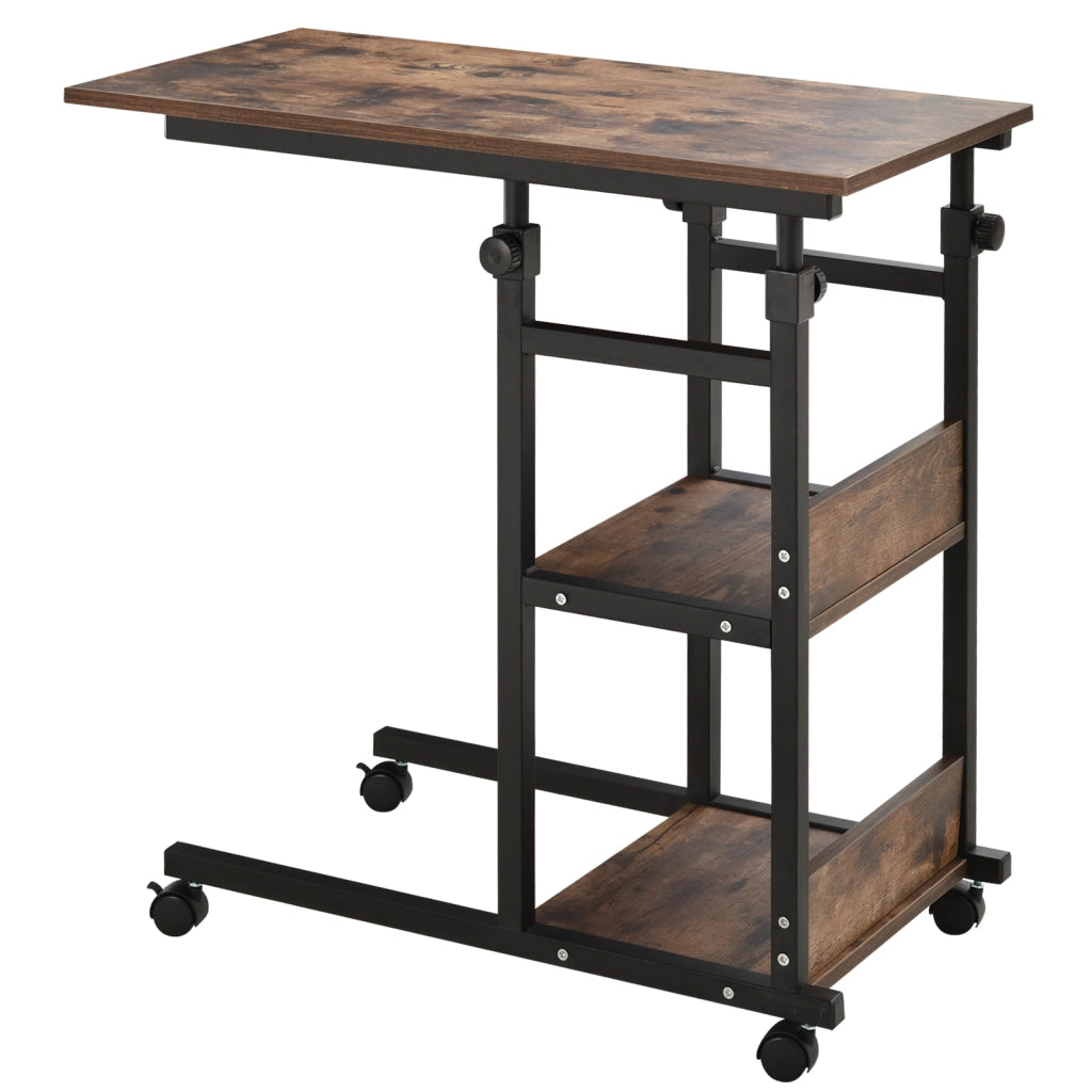 Tavolino con rotelle, regolabile in altezza, compatto, 2 ripiani, telaio in metallo ¨C zephmum ¨C Marrone/Nero, 80x40x72-82 cm