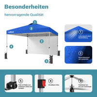 Gazebo pieghevole pop-up blu, 3 x 3 m con parete laterale e ruote