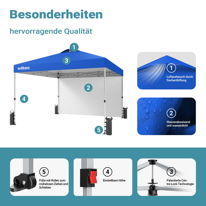 Gazebo pieghevole pop-up blu, 3 x 3 m con parete laterale e ruote