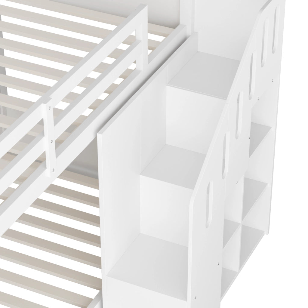 Letto a Castello 2 Posti con Scala Contenitore e Armadietti; 90×200 cm; senza Materasso; Bianco