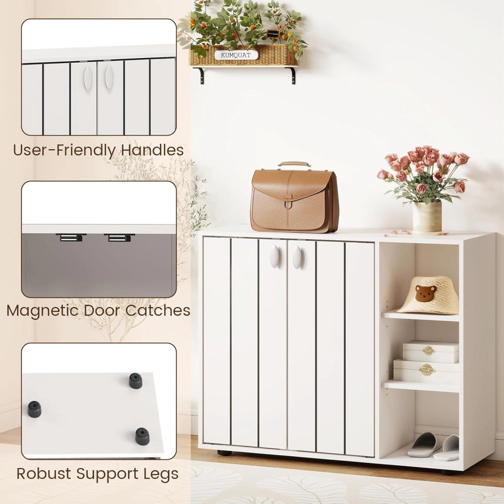 Scarpiera a 3 ripiani con 2 ante e 3 scomparti aperti con ripiani rimovibili, cassettiera per ingresso, corridoio e soggiorno, 80 x 31 x 64,5 cm (bianco)