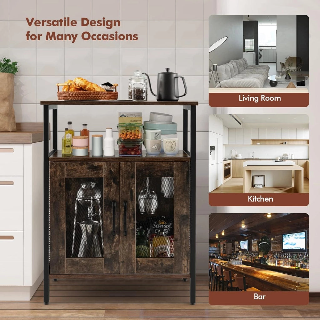 Cantinetta Porta Bottiglie da Vino, Credenza Industriale con 5 Portabottiglie Rimovibili, con Porta in Metallo a Rete Metallica, 60x34x79cm (Marrone)