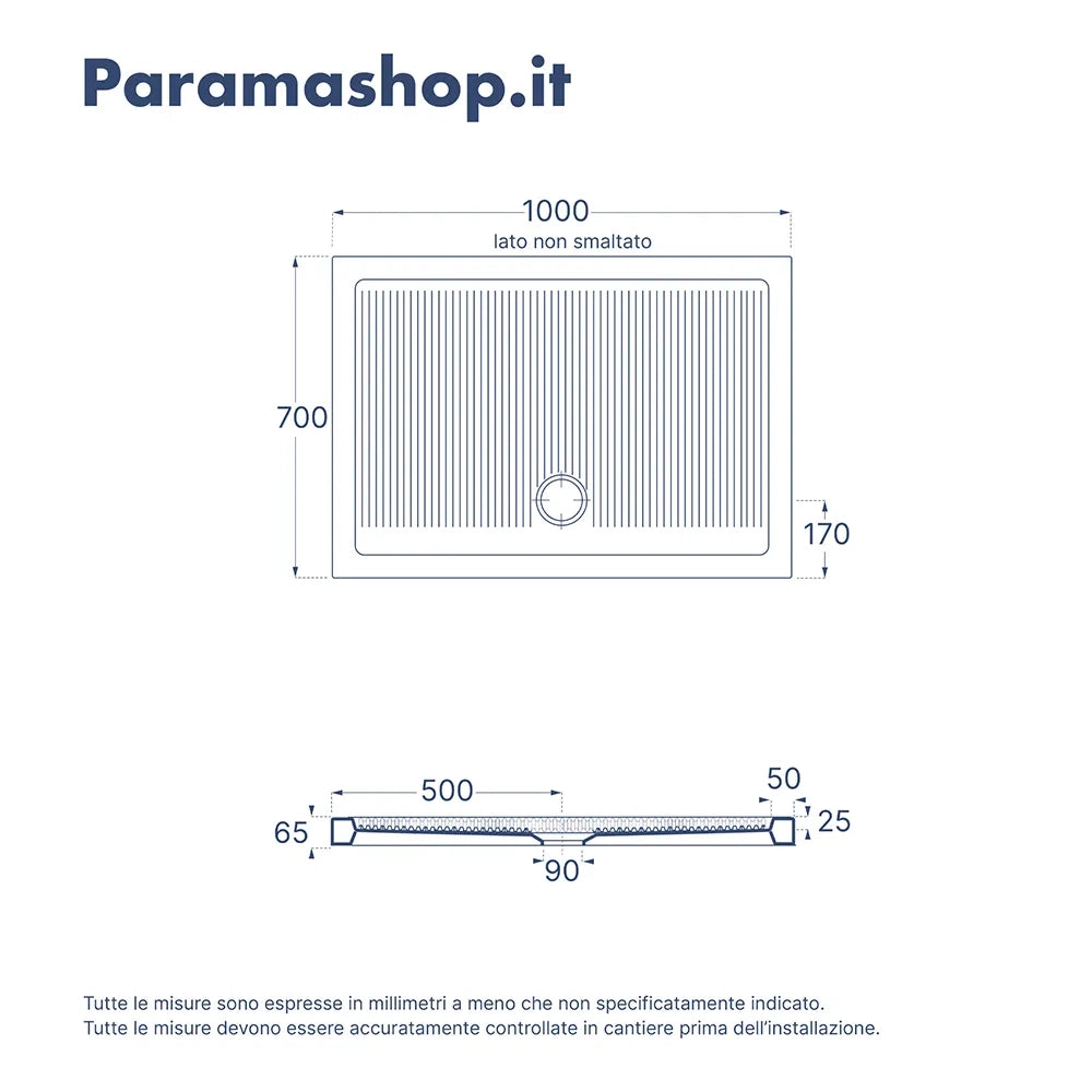 Azzurra ceramica piatto doccia 70x100xh6,5cm bianco lucido design anti-scivolo | Ferdy
