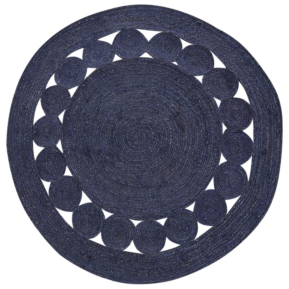 Tappeto Boho in iuta tessuto a mano  Blu Scuro rotondo ø 120 cm soggiorno camera da letto