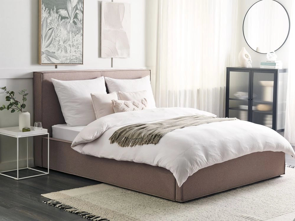 Letto king size 160 x 200 cm Grigio Tortora Rivestimento in tessuto Ottomana di contenitore Telaio a doghe Camera da letto moderna contemporanea