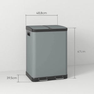 Bidone raccolta differenziata a pedale 2 x 30 L in metallo, grigio, con secchi interni estraibili e chiusura soft-close