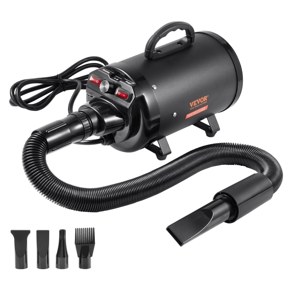 Asciugatore Soffiatore per Cani e Gatti 2000W Portatile, Velocita Regolabile Max 70 m/s, con 4 Ugelli e Tubo 239 cm, STL-1908 Nero