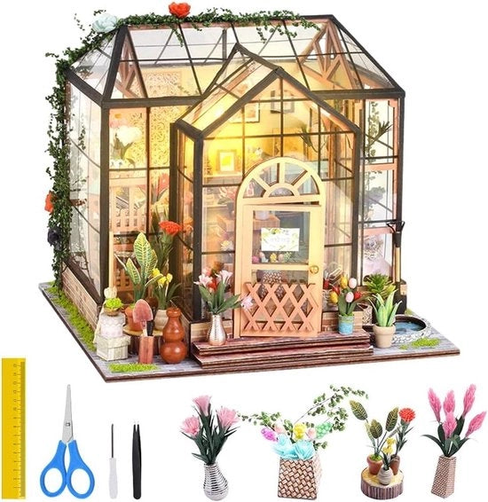 Pakket di costruzione di casa in miniatura con illuminazione LED e mobili - Casa fai da te - Giardino - Kit di attrezzi incluso