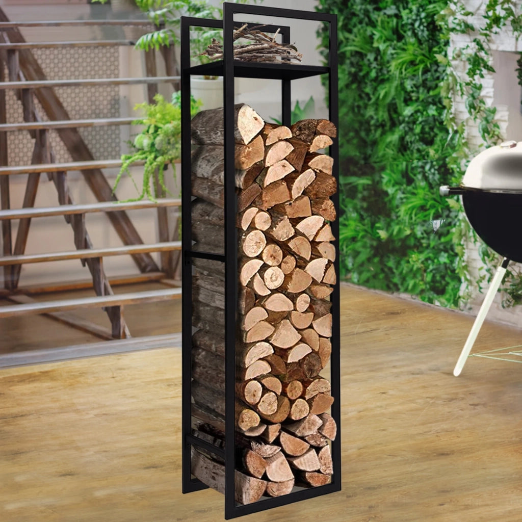 IDMarket - Portaceppi verticale in acciaio nero con ripiano H.170 CM per caminetti