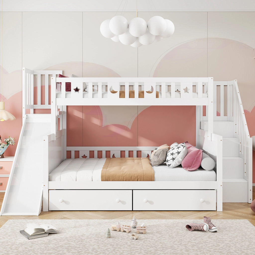 Letto a castello per bambini con scivolo e cassetti, bianco