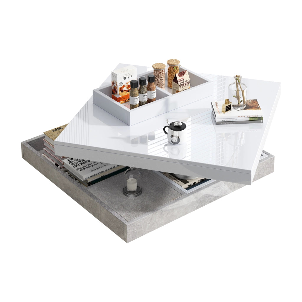 Tavolino da caffè con piano girevole a 360° e vano - per soggiorno - in truciolare - 70×70×36 cm - bianco e marmo