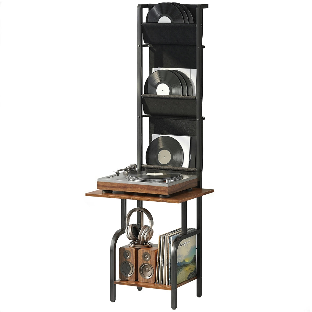 Libreria per CD e DVD con 3 tasche in tessuto e ripiano ¨C zephmum ¨C Legno effetto rustico marrone