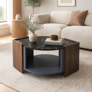 Tavolino da caffè effetto marmo nero e legno con vano contenitore, 96,5x63x40 cm