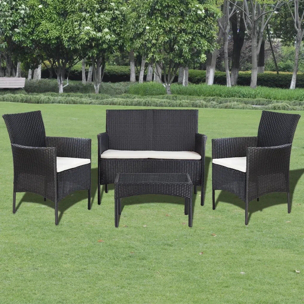 Set Divani da Giardino 4 pz | Set Salotto da Giardino con Cuscini in Polyrattan Nero