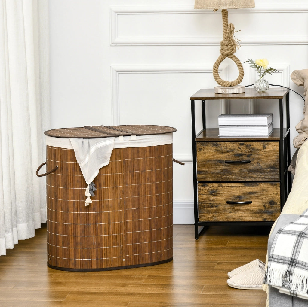 Cesto portabiancheria 100L con coperchio e due scomparti in bambù marrone