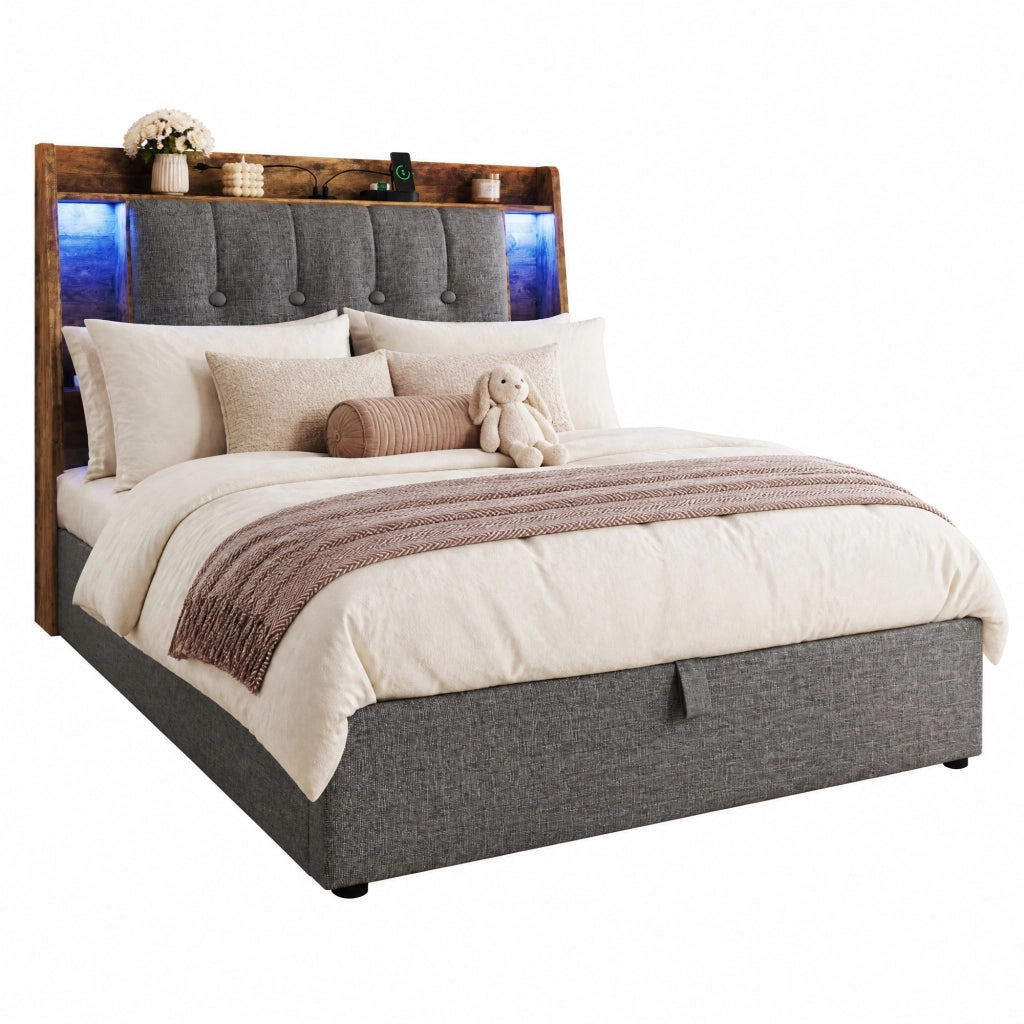 Letto imbottito 90x200 cm con contenitore; USB e Tipo C; LED; lino grigio