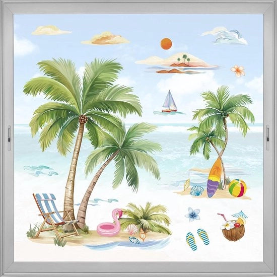 Stickers perimetrali estivi tema palme con design tropicale per protezione e decorazione - Ideali per piscina e spiaggia - Stickers statici a doppia faccia con ombrelloni e ristoranti - Incluso sticker per bicchieri