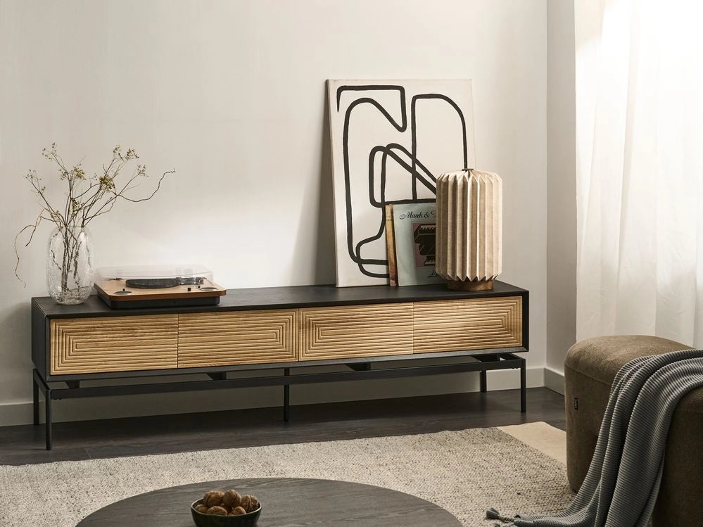 Mobile TV in MDF marrone chiaro con 2 ante e 4 cassetti gambe in metallo stile loft moderno per camera da letto