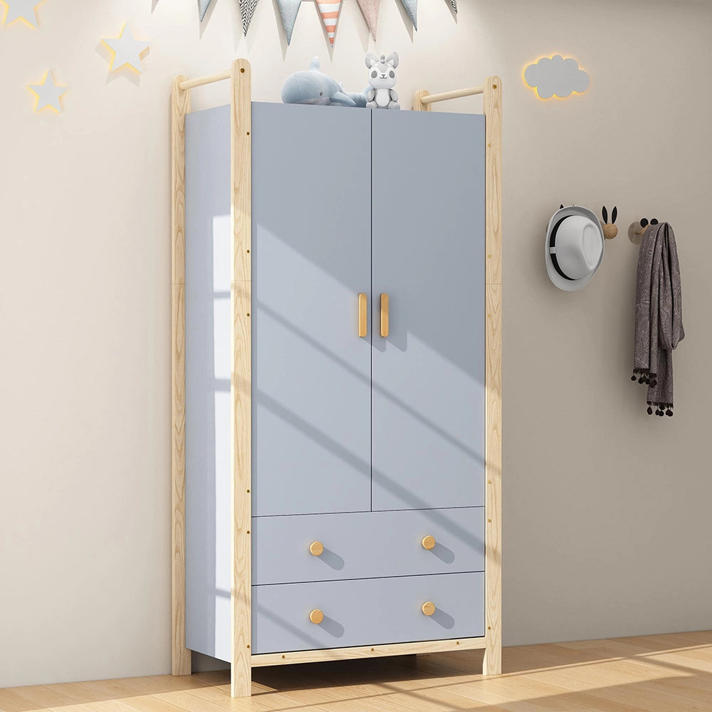 Armadio 2 ante 90x45x180 cm - Xylo - con appendiabiti, 2 cassetti, blu e telaio pino, per camera