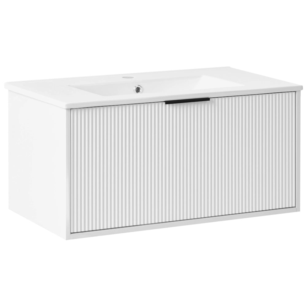 Mobiletto a muro con lavabo in legno massiccio Bianco con maniglia nera per il bagno 80 cm stile moderno