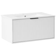 Mobiletto a muro con lavabo in legno massiccio Bianco con maniglia nera per il bagno 80 cm stile moderno