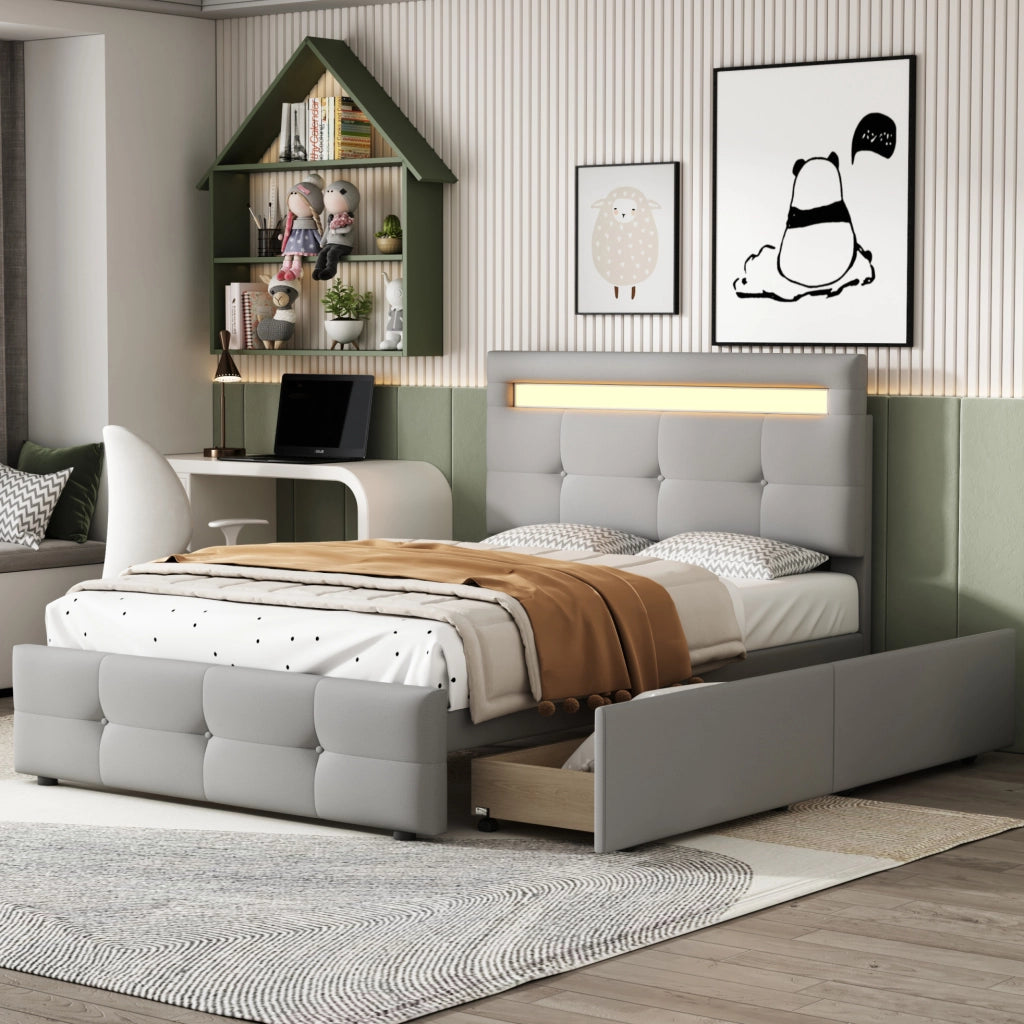 Letto singolo imbottito LED con 2 cassetti 90x200 cm grigio
