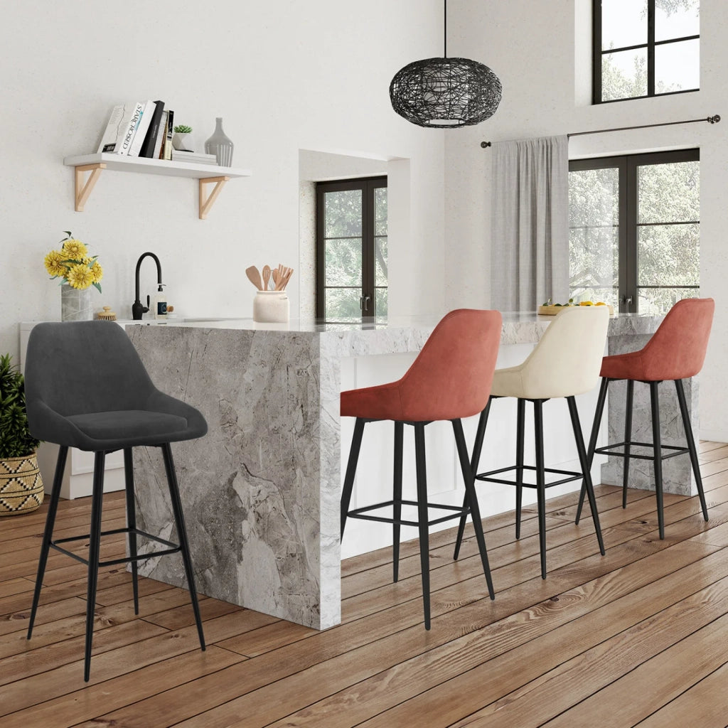IDMarket - Set di 4 sgabelli da bar THALYA in velluto misto grigio scuro, terracotta x2, beige con mezzi braccioli