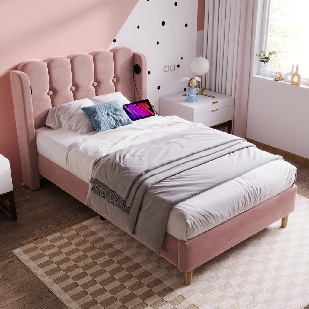 OKWISH Letto Singolo 90×200 cm con Porte USB, Tipo C e Testiera, senza Materasso, in Velluto, Rosa