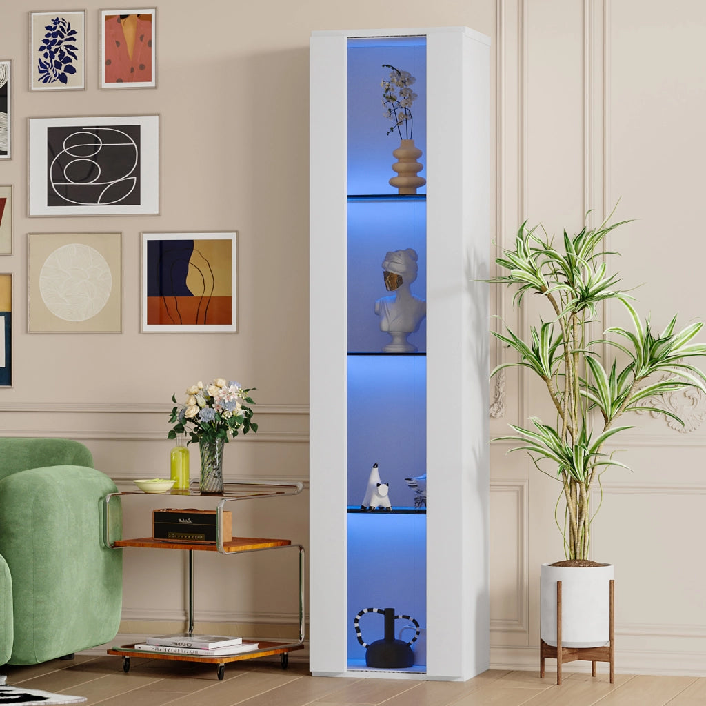 Vetrina con 4 ripiani e LED multicolore controllato da APP, pannello truciolare e acrilico, bianca 40 × 29 × 170 cm