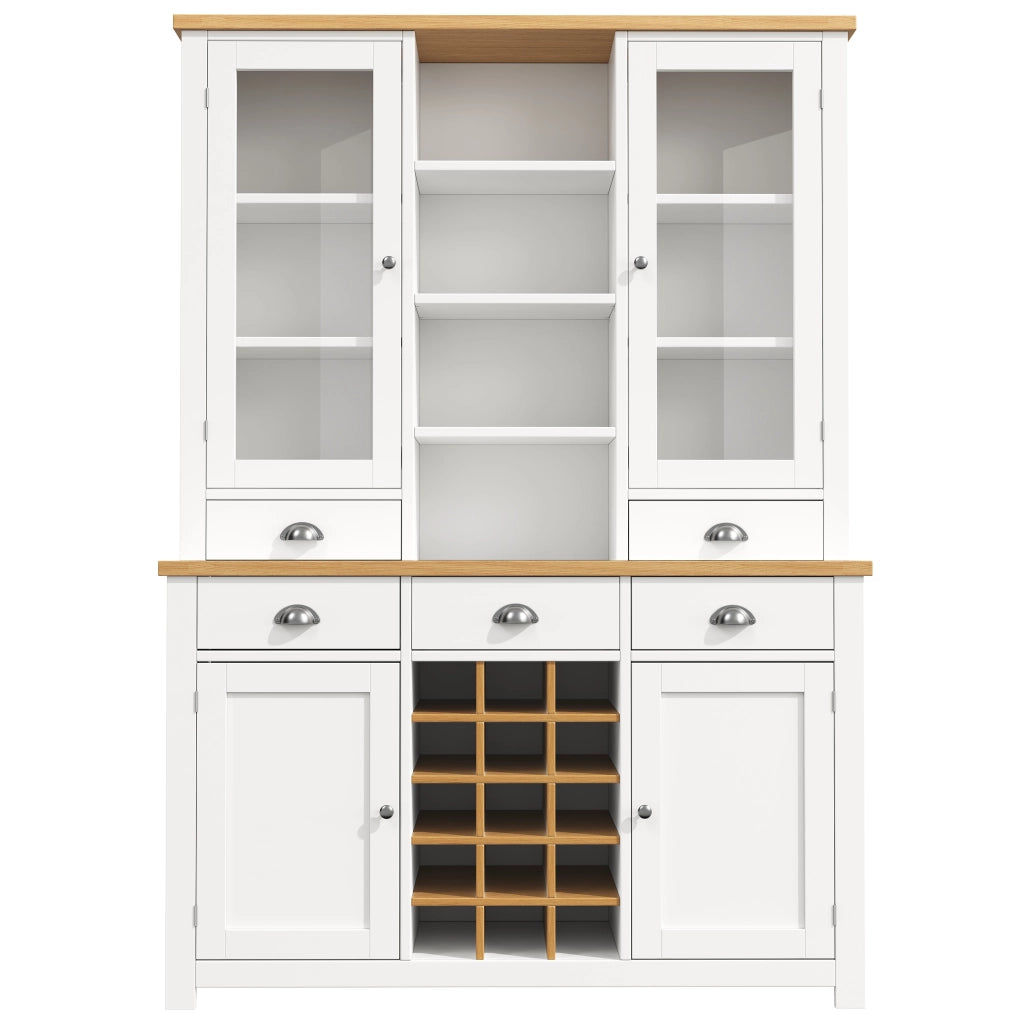 Credenza alta con anta in vetro, 5 cassetti e ripiano regolabile, per cucina e soggiorno, in MDF e vetro, bianco