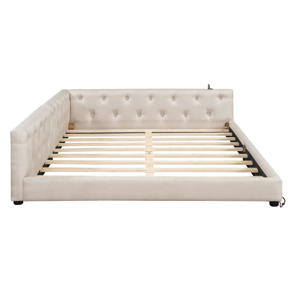 Letto divano con rete a doghe in lino beige 140x200 cm